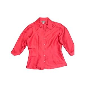Robbie Bee Pink 100% Silk Button Front Blouse 3/4 Sleeve Collared Shirt Size 6